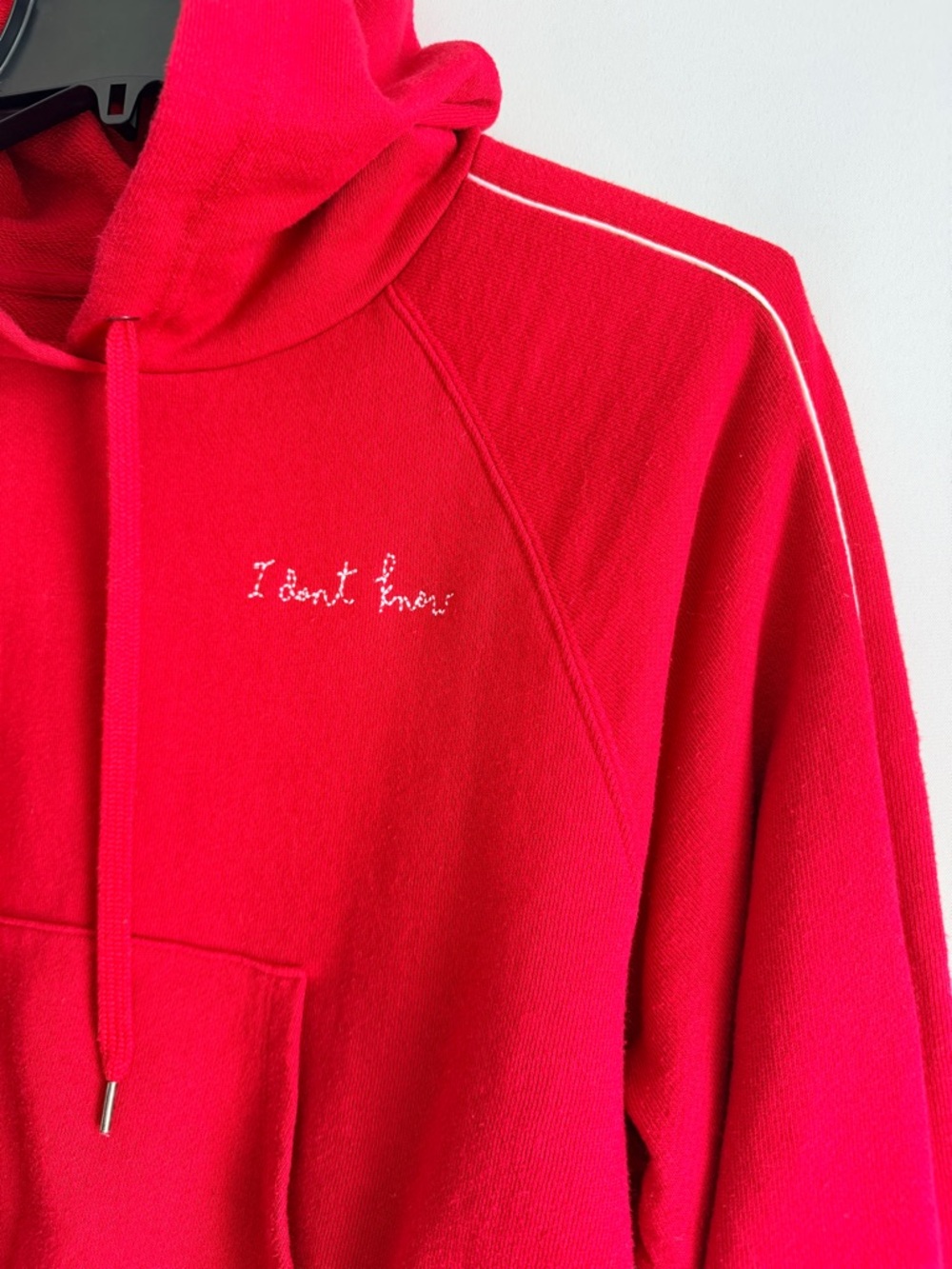 Bright Red Hoodie with White 'I don't know' Embroidery Size L